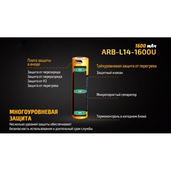 Аккумулятор 14500 Fenix ​​ARB-L14-1600U (1600 mAh), защищенный, с разъемом микро-USB