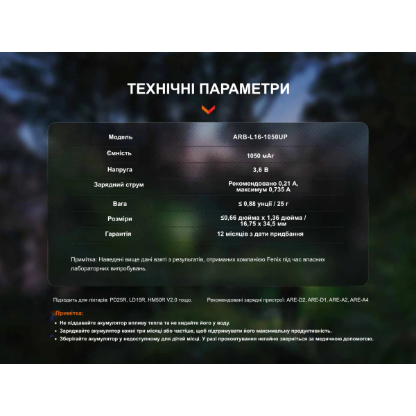 Акумулятор 16340 Fenix (1050 mAh) Type-C