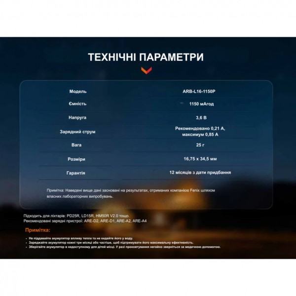 Акумулятор 16340 Fenix (1150 mAh)