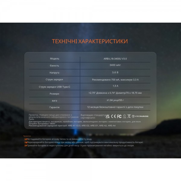 Аккумулятор 18650 Fenix ​​(3400 mAh) Type-C