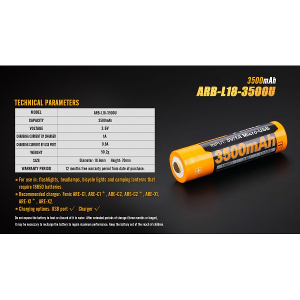 Аккумулятор 18650 Fenix ​​ARB-L18-3500U (3500 mAh), защищенный, встроенный порт зарядки micro-USB