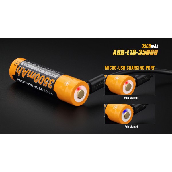 Аккумулятор 18650 Fenix ​​ARB-L18-3500U (3500 mAh), защищенный, встроенный порт зарядки micro-USB