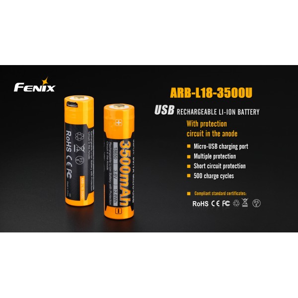 Аккумулятор 18650 Fenix ​​ARB-L18-3500U (3500 mAh), защищенный, встроенный порт зарядки micro-USB