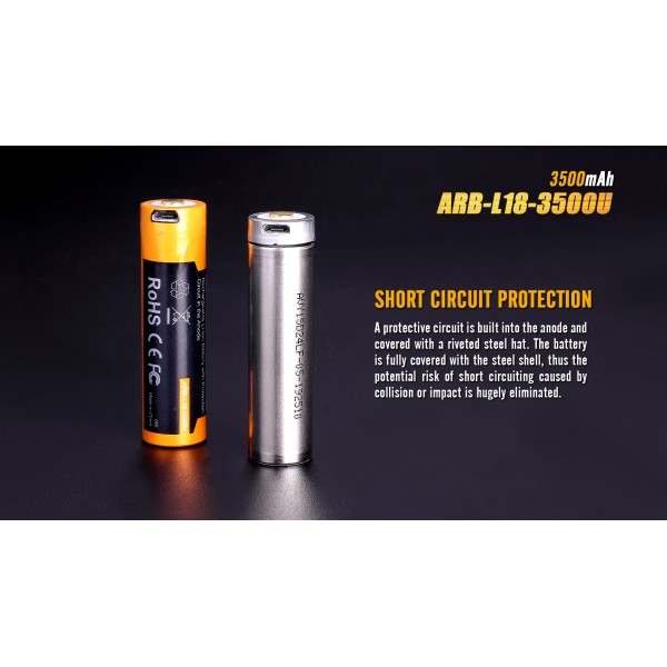 Аккумулятор 18650 Fenix ​​ARB-L18-3500U (3500 mAh), защищенный, встроенный порт зарядки micro-USB