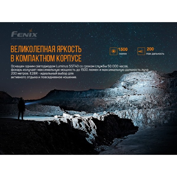 Ліхтар Fenix E28R + акумулятор. Fenix 3400 mAh, кабель USB 
