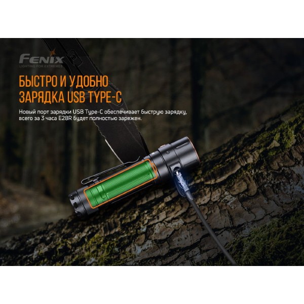 Ліхтар Fenix E28R + акумулятор. Fenix 3400 mAh, кабель USB 
