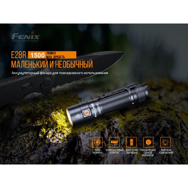 Ліхтар Fenix E28R + акумулятор. Fenix 3400 mAh, кабель USB 