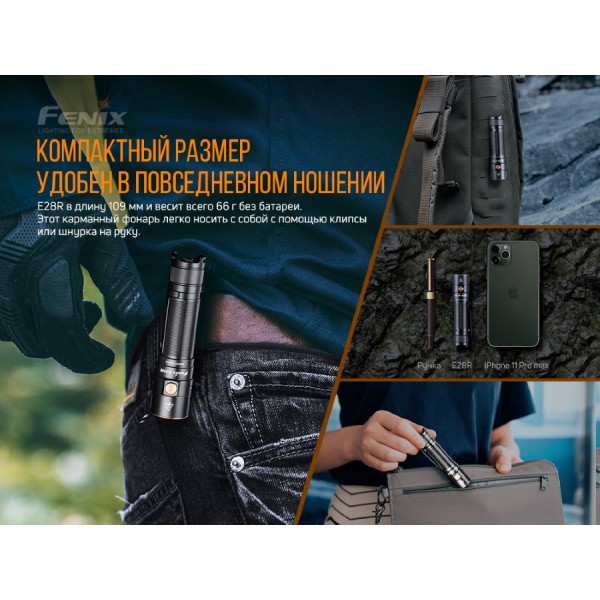 Ліхтар Fenix E28R + акумулятор. Fenix 3400 mAh, кабель USB 