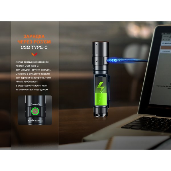 Ліхтар ручний Fenix E28R V2.0 + акумулятор. Fenix 3400 mAh, кабель USB 