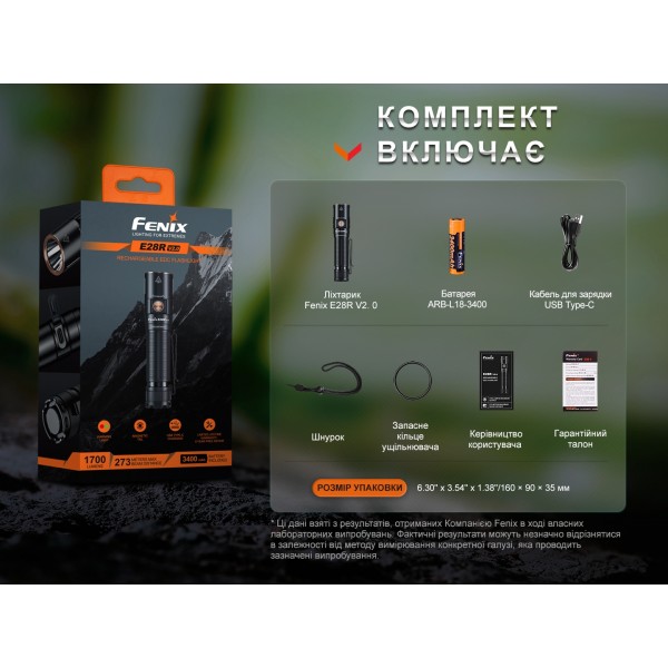 Ліхтар ручний Fenix E28R V2.0 + акумулятор. Fenix 3400 mAh, кабель USB 