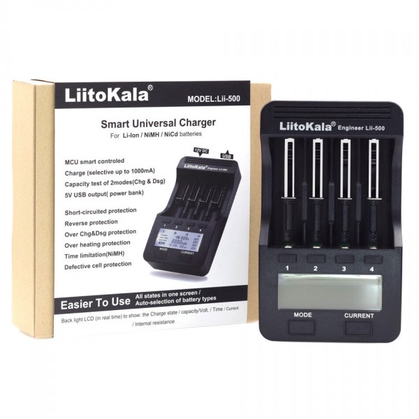 Зарядное устройство для Liitokala Lii-500, 4 канала, Ni-Mh/Li-ion, 220v/12v, Powerbank, Test