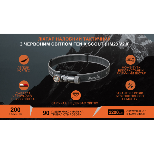 Фонарь налобный тактический с красным светом Fenix ​​Scout (HM23 V2.0) Лимитированная серия