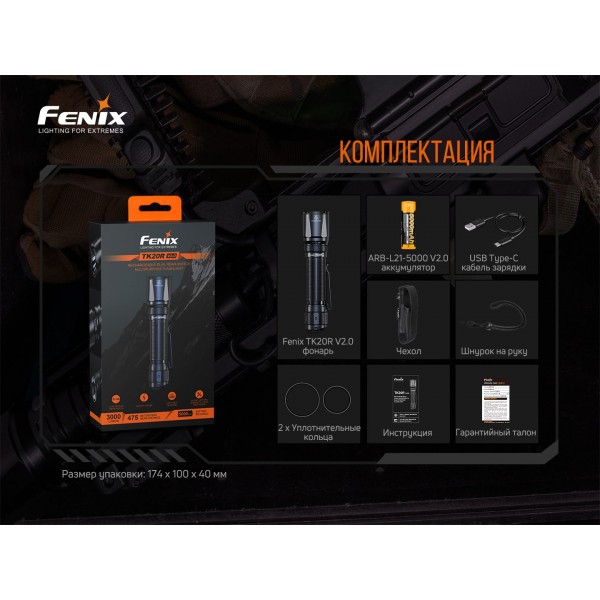 Фонарь ручной Fenix ​​TK20R V2.0 + аккумулятор, USB Type-C кабель 