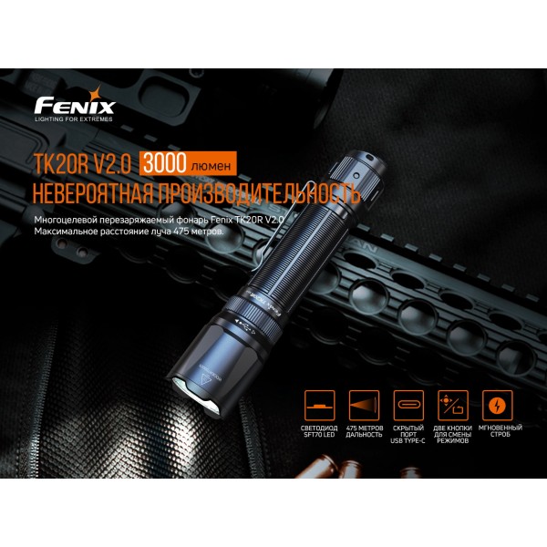 Фонарь ручной Fenix ​​TK20R V2.0 + аккумулятор, USB Type-C кабель 