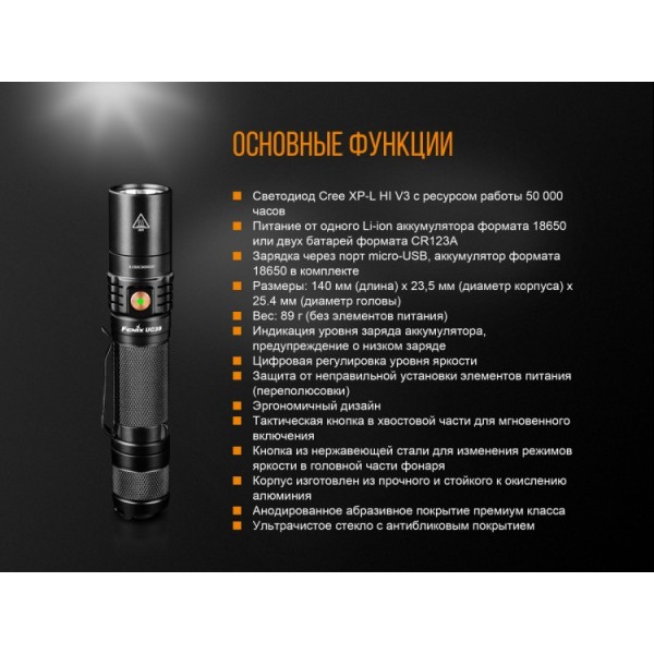 Ліхтар Fenix UC35 V2.0 + акумулятор. Fenix 3400 мАг, USB-кабель