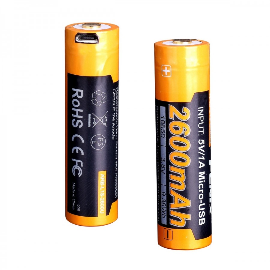Аккумулятор 18650 Fenix ​​ARB-L18-2600U (2600 mAh), защищенный, с разъемом микроUSB